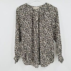 LOFT Size MP Tan & Black Animal Print Long Sleeve Sheer Button Down Blouse Top